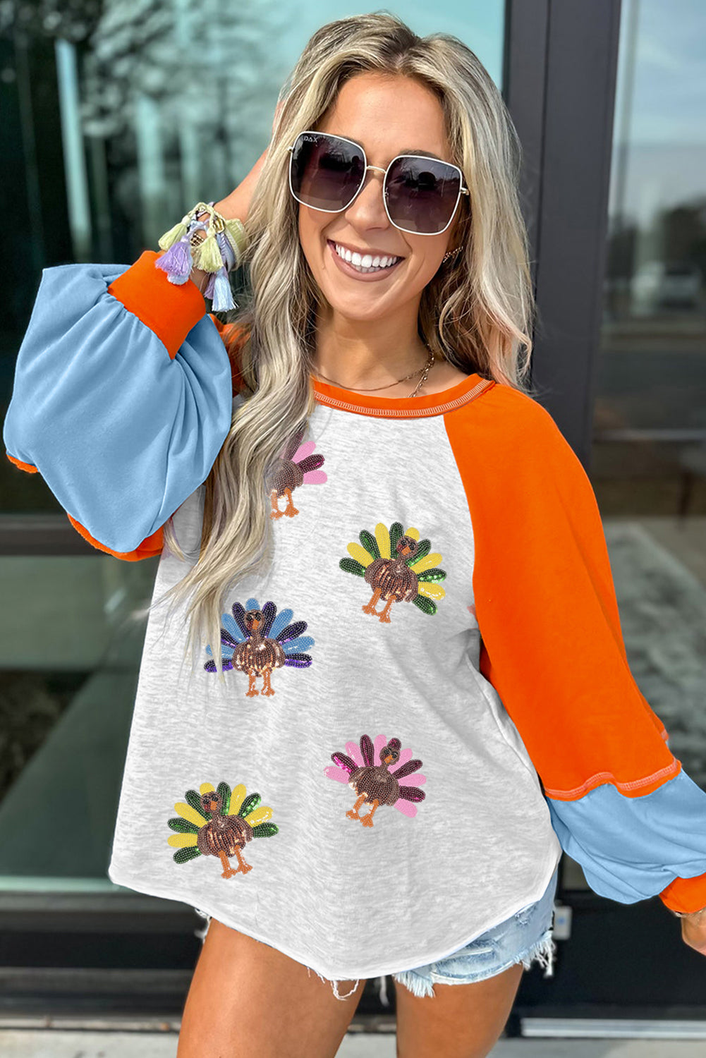 Thanksgiving Turkey Sequin Graphic Color Block Long Raglan Sleeve Top