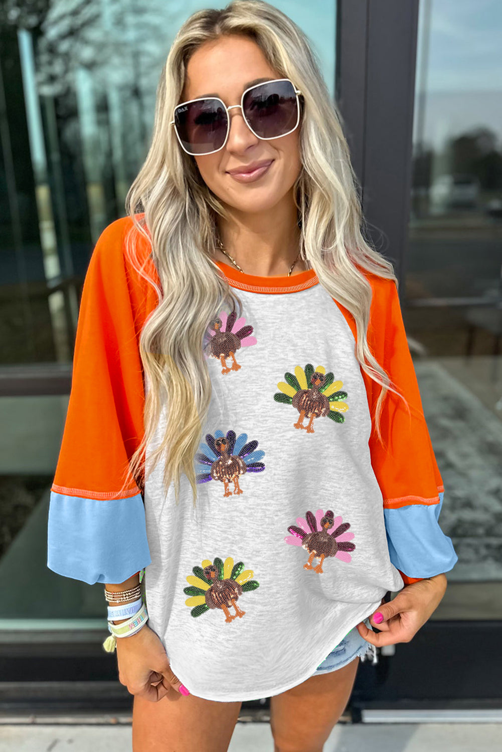 Thanksgiving Turkey Sequin Graphic Color Block Long Raglan Sleeve Top