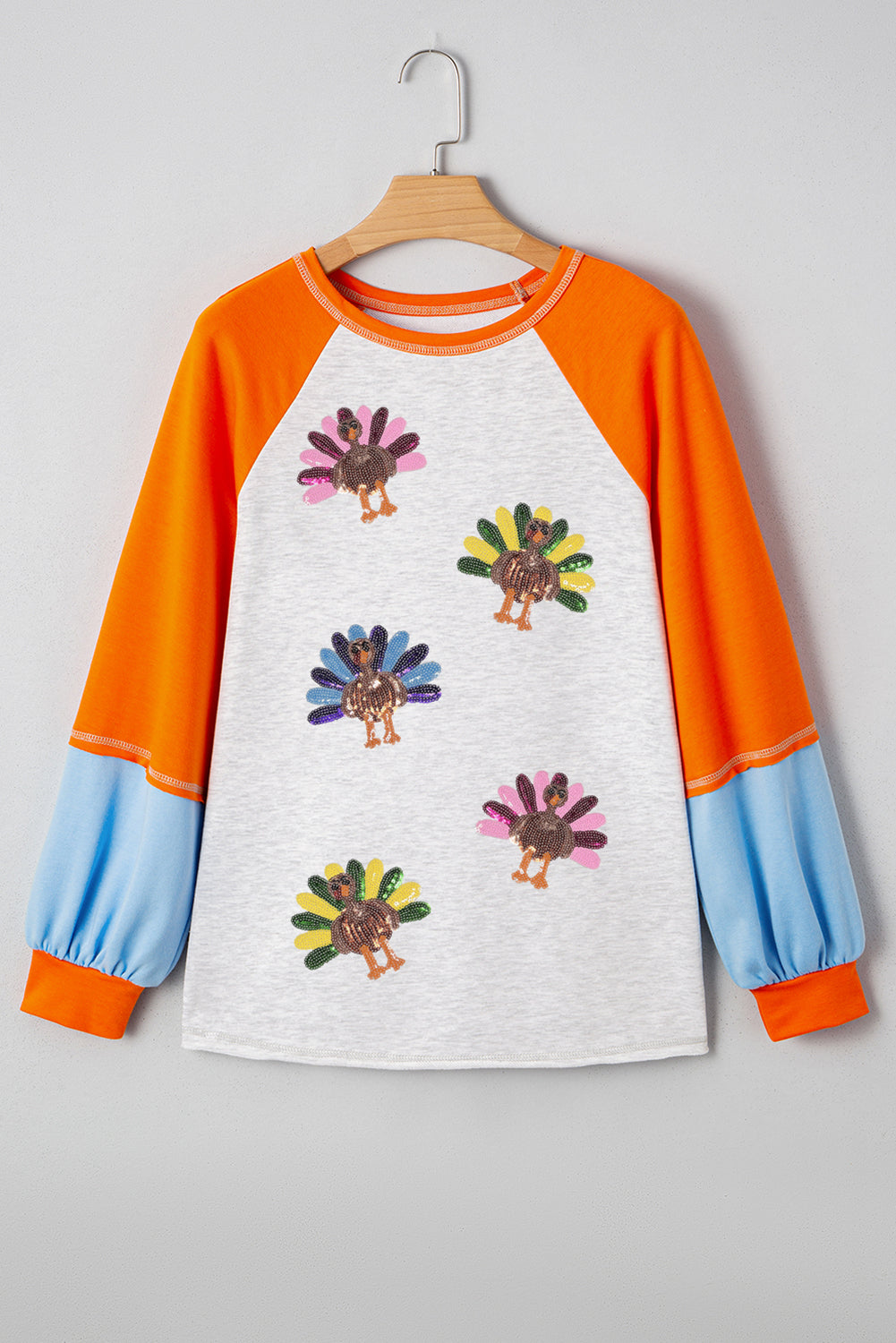 Thanksgiving Turkey Sequin Graphic Color Block Long Raglan Sleeve Top