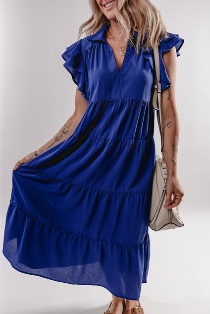 Liora | Solid V Neck Ruffled Sleeve Tiered Dress