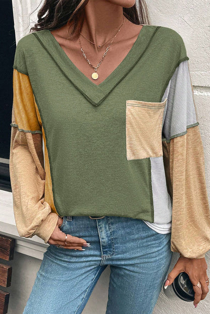 Nova | Exposed Stitch Colorblock V-Neck Top