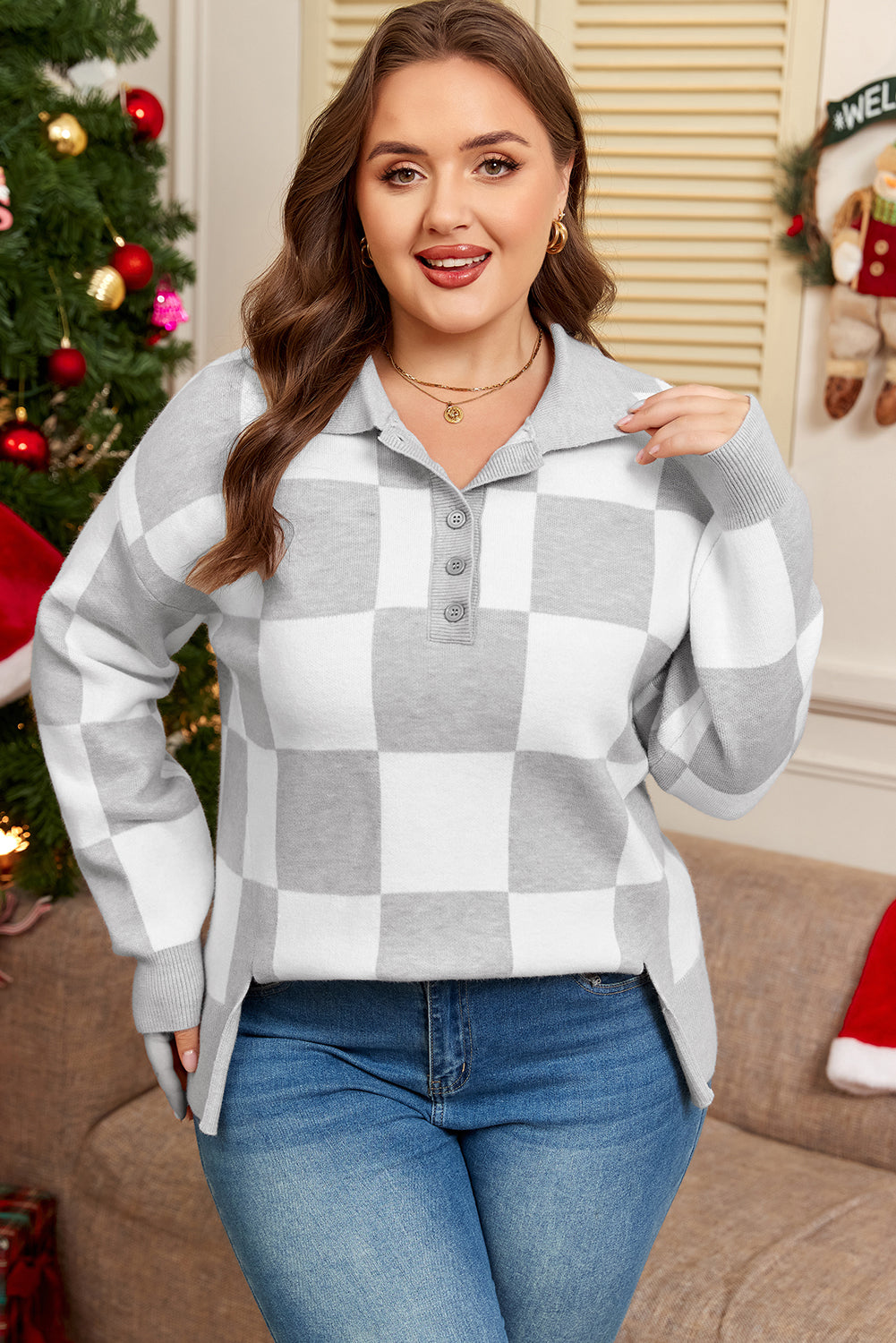 Amor | Plus Size Checkered Knit Sweater