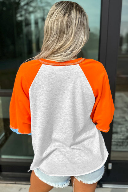 Thanksgiving Turkey Sequin Graphic Color Block Long Raglan Sleeve Top