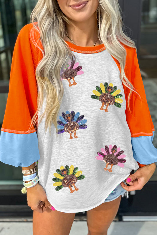 Thanksgiving Turkey Sequin Graphic Color Block Long Raglan Sleeve Top