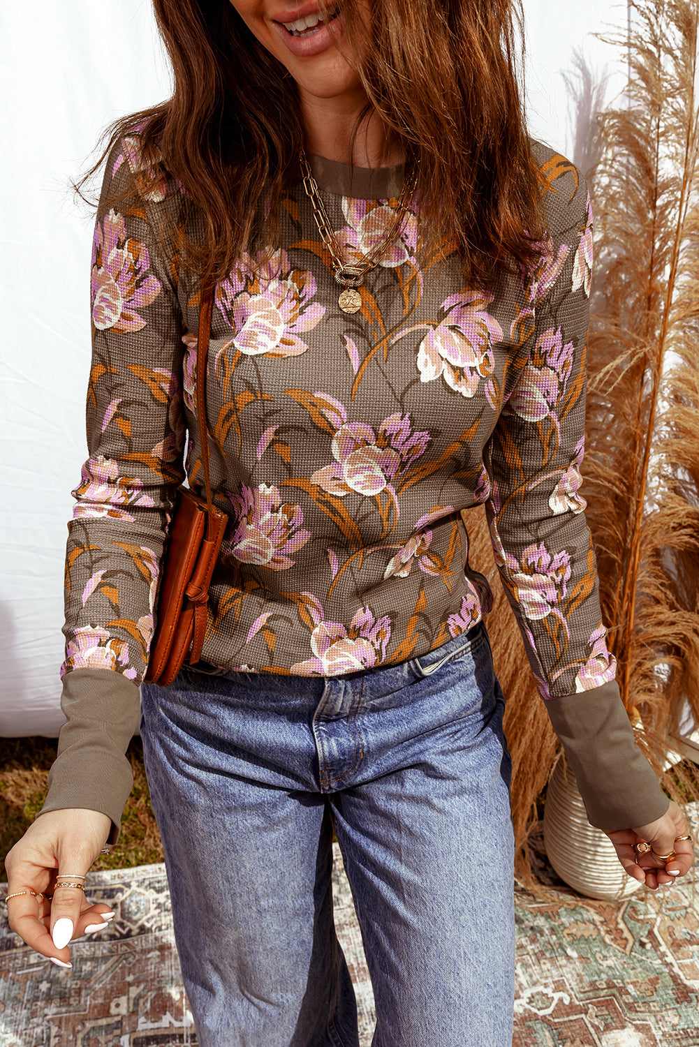 Vanya | Floral Waffle Knit Slim Long Sleeve Top