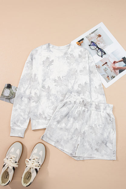 Beige Camo Print Pullover Top and Elastic Waist Casual Short Set