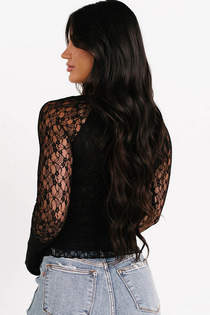 Alina | Sheer Lace Henley Slim Long Sleeve Top