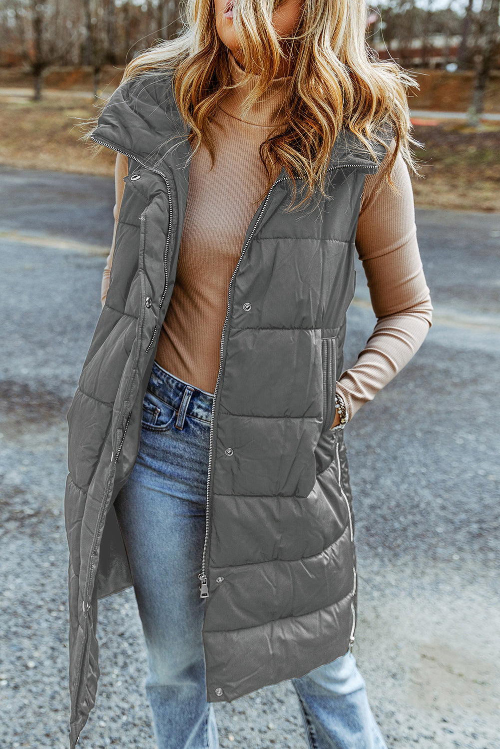 Kylie | Quilted Hooded Vest Coat (Gray)