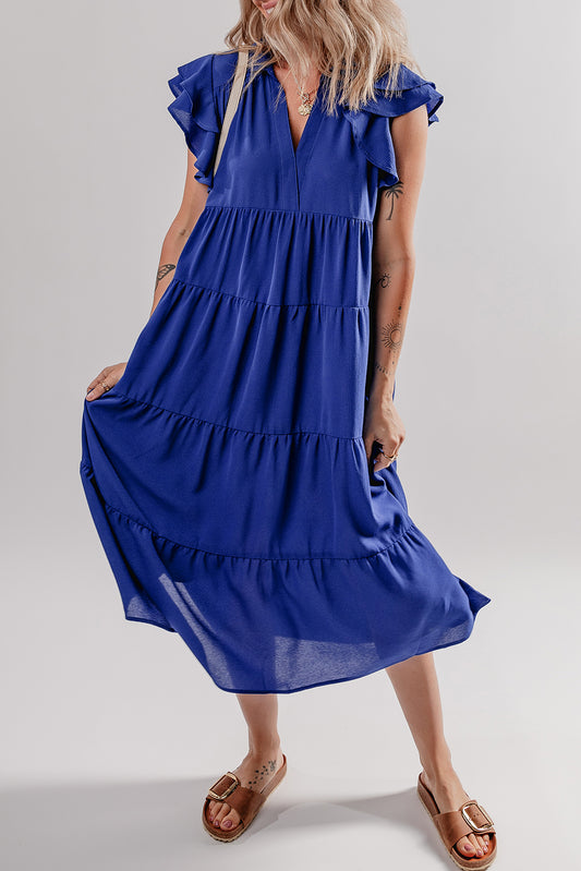Liora | Solid V Neck Ruffled Sleeve Tiered Dress
