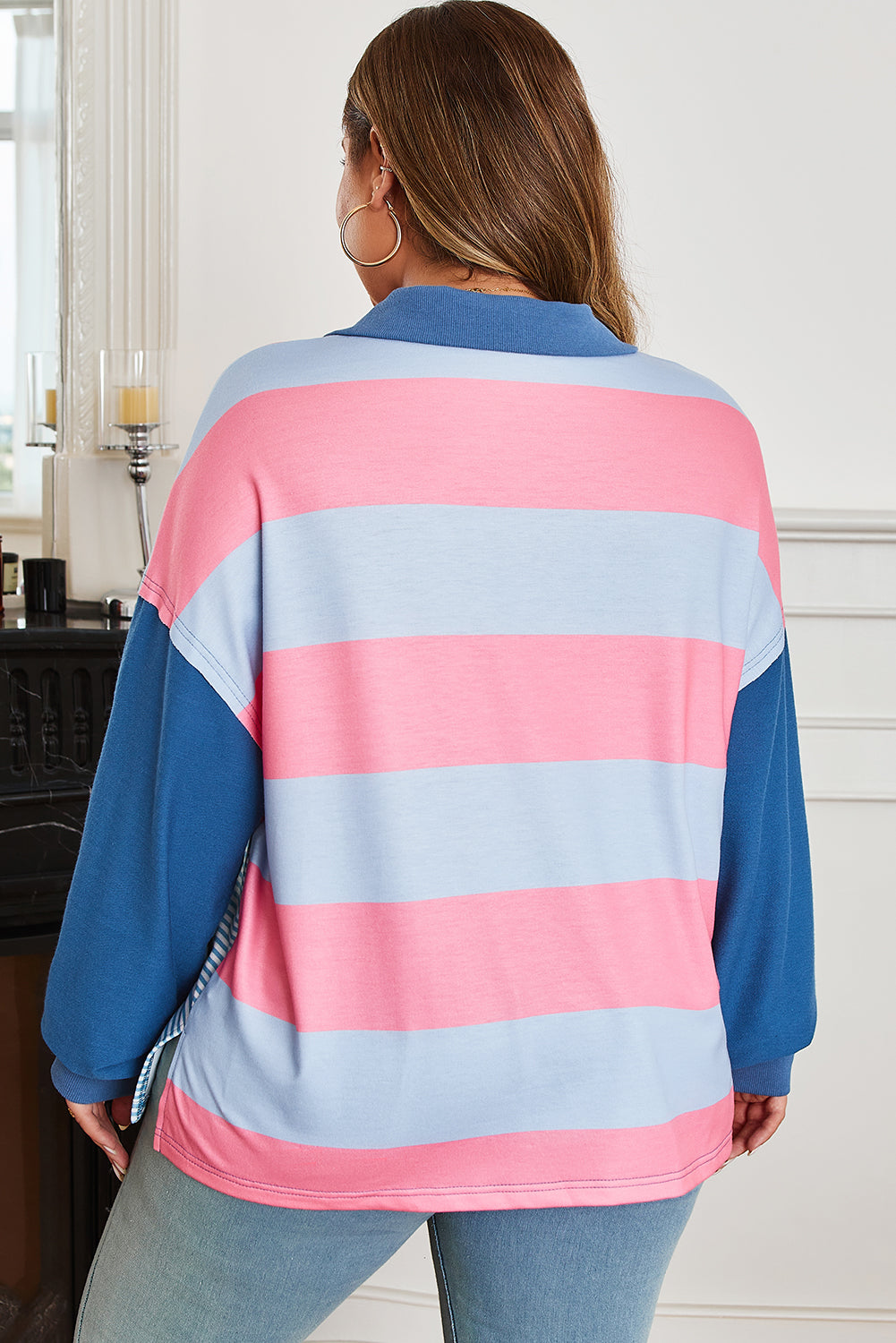 Mary | Plus Size Striped Colorblock Zip-Up Top