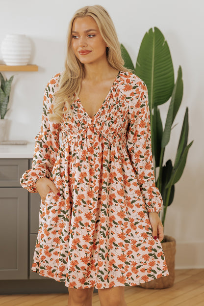 Elina | Beige Floral Deep V Neck Smocked Bust Bubble Sleeve Babydoll Dress