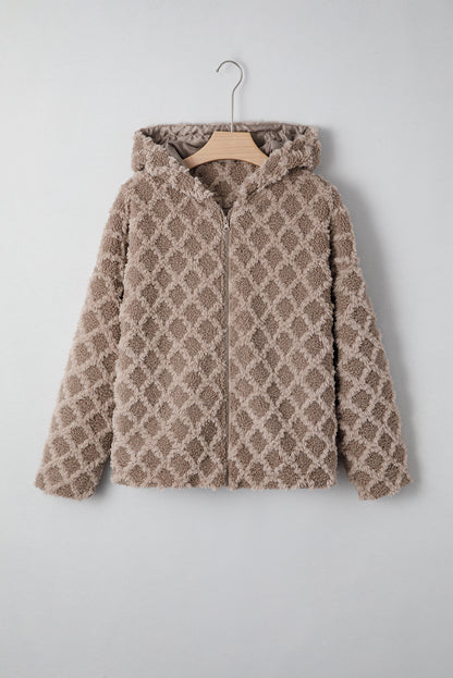 Chestnut Sherpa Rhombus Zip Up Side Pocket Hooded Jacket