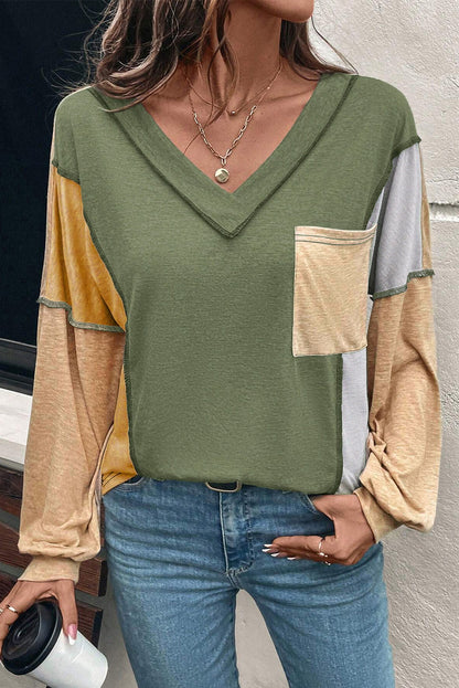 Nova | Exposed Stitch Colorblock V-Neck Top