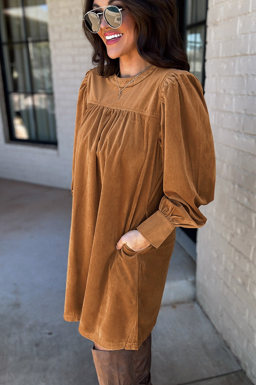 Aurora | Corduroy Puff Sleeve Shift Dress