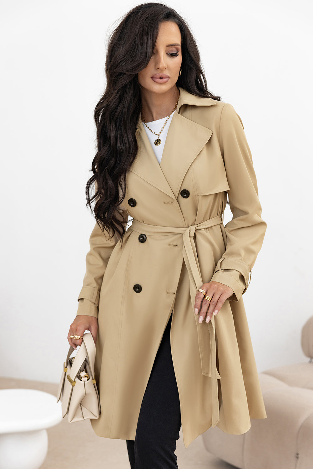 Elena | Long Button-Up Coat with Waist Tie